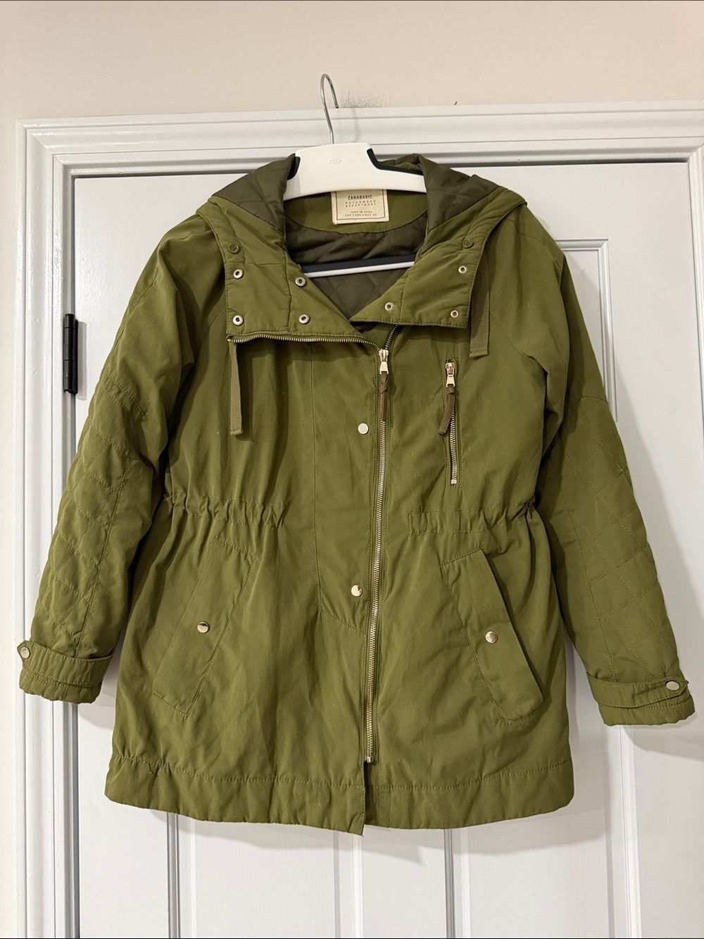 Zara Basic Womens Utility Jacket Size Small Olive Green Cargo Military w/ Hood